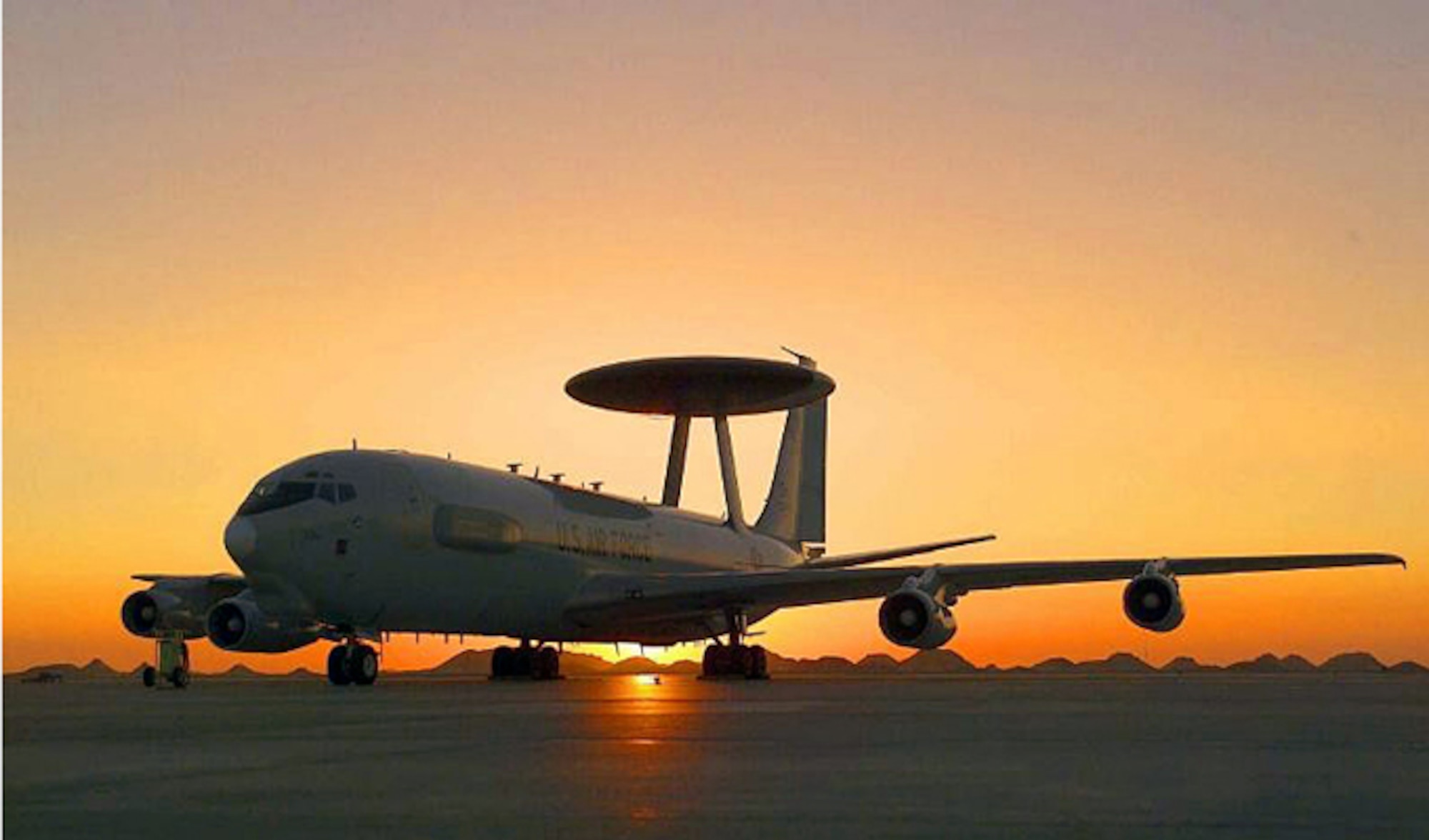 An E-3G Sentry, an Airborne Warning and Control System aircraft, sits on a flightline. In support of air-to-ground operations, Sentry crews can provide direct information needed for interdiction, reconnaissance, airlift and close air support for friendly ground forces. They can also provide information for commanders of air operations to gain and maintain control of the air battle. (Courtesy photo)