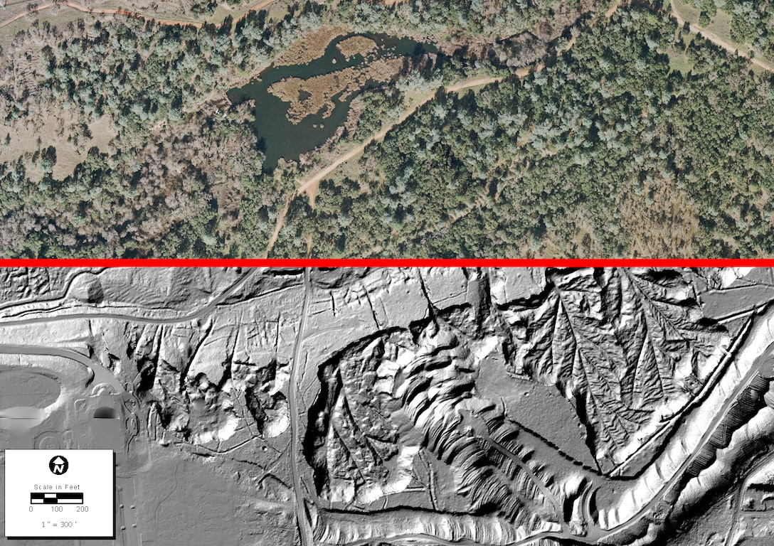 LiDAR laser imaging allows archaeologists to view land features hidden by heavy vegetation, as demonstrated in this image comparison. The top half of the image is standard aerial photography, whereas the LiDAR image in the bottom half exposes evidence of tailings and other erosive actions from hydraulic mining in property adjacent to the “Folsom South of 50” project. (Imagery courtesy of ECORP Consulting, Inc. and Easton Development Company)