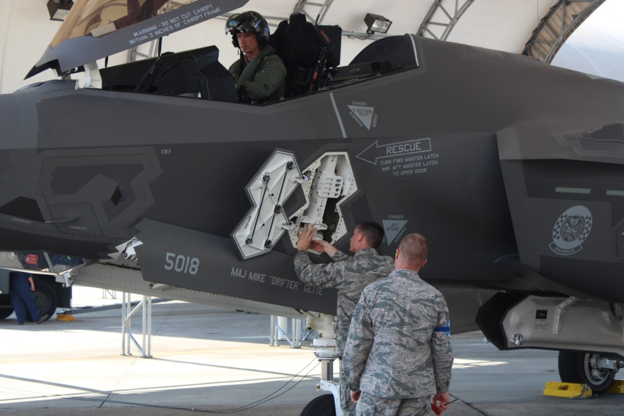 Airmen put the final touches on training before they become the first Air Force recruits to graduate initial skills technical training as F-35 Lightning II crew chiefs after completing Mission-Ready Airmen training at Eglin Air Force Base, Fla., Aug. 7, 2014. (Courtesy photo)
 