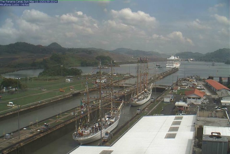 PANAMA CANAL, PANAMA -- View of ships traveling through the Miraflores Locks, May 11, 2014.