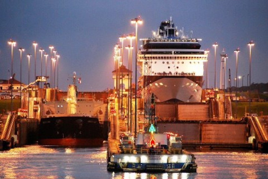 PANAMA CANAL, Panama -- A ship goes through the Panama Canal at night.