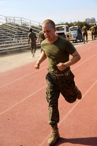 Recruit Harry Willard, Platoon 3267, Mike Company, 3rd Recruit Training Battalion, finishes the last stretch of the half-mile run portion of the Combat Fitness Test at Marine Corps Recruit Depot San Diego, Calif., Aug. 7. Willard is a Las Vegas native and was recruited out of Recruiting Substation Las
Vegas.