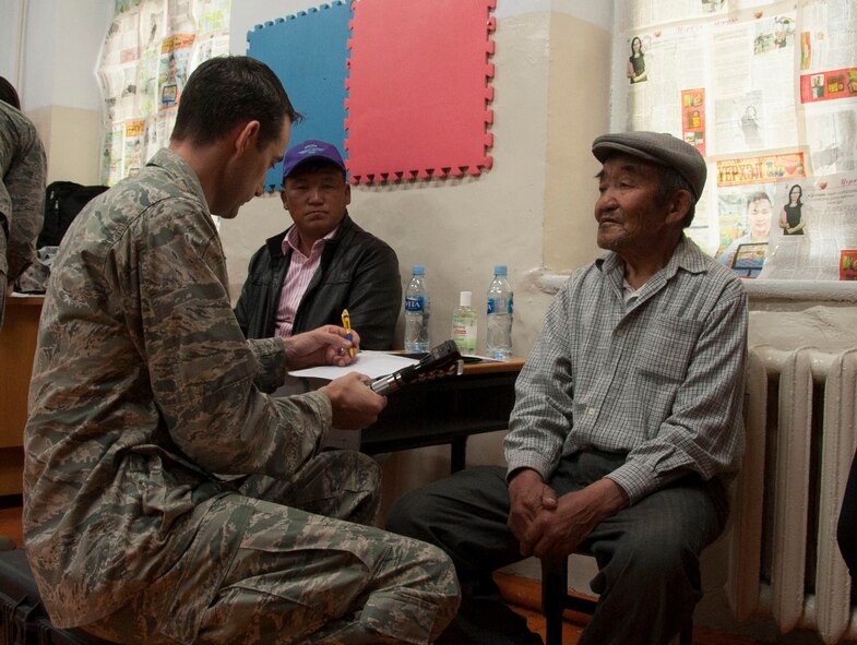 Capt. Ben Kolle, an optometrist assigned to the 374th Aerospace Medicine Squadron, gives a Mongolian citizen an eye exam as part of Pacific Angel 14-4 in Bulgan, Mongolia, Aug. 15, 2014. Operation PACANGEL helps cultivate common bonds and foster goodwill between the U.S., Mongolia and regional nations by conducting multilateral humanitarian assistance and civil military operations. (U.S. Air Force photo by SSgt. William Banton/Released)
