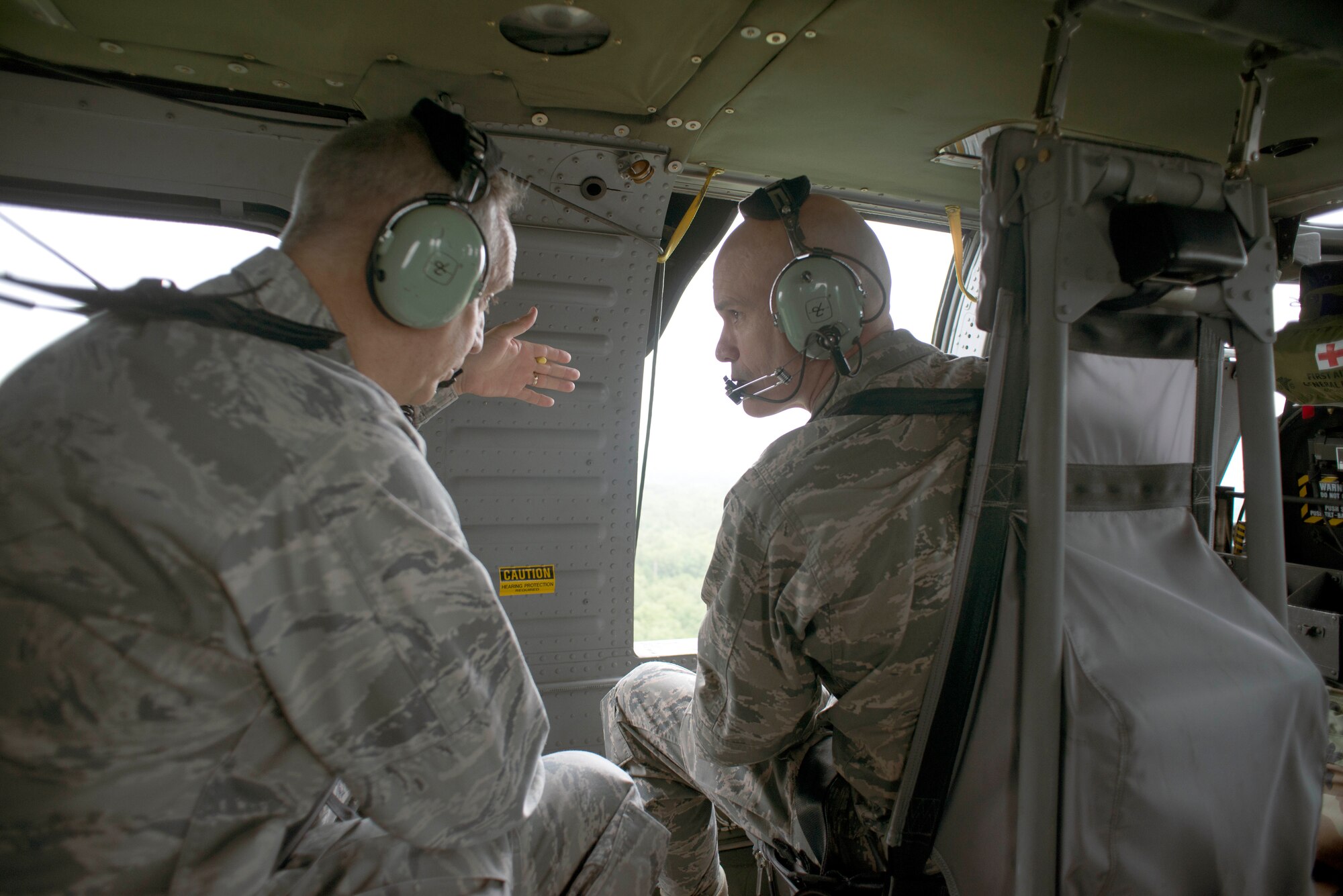 Maj. Gen. Rick Martin, U.S. Air Force Expeditionary Center commander, points out a training location to Lt. Gen. Carlton D. Everhart II, 18th Air Force commander, during an orientation of the Expeditionary Center on Joint Base McGuire-Dix-Lakehurst. JBMDL has more than 31,000 acres available for training. Currently, the EC is conducting Exercise Eagle Flag, which tests contingency response units’ ability to quickly establish aerial operations, provide security, track cargo and personnel, and move supplies in an immersive scenario.  (US Air Force Photo/Master Sgt. Christopher Bergstrom)
