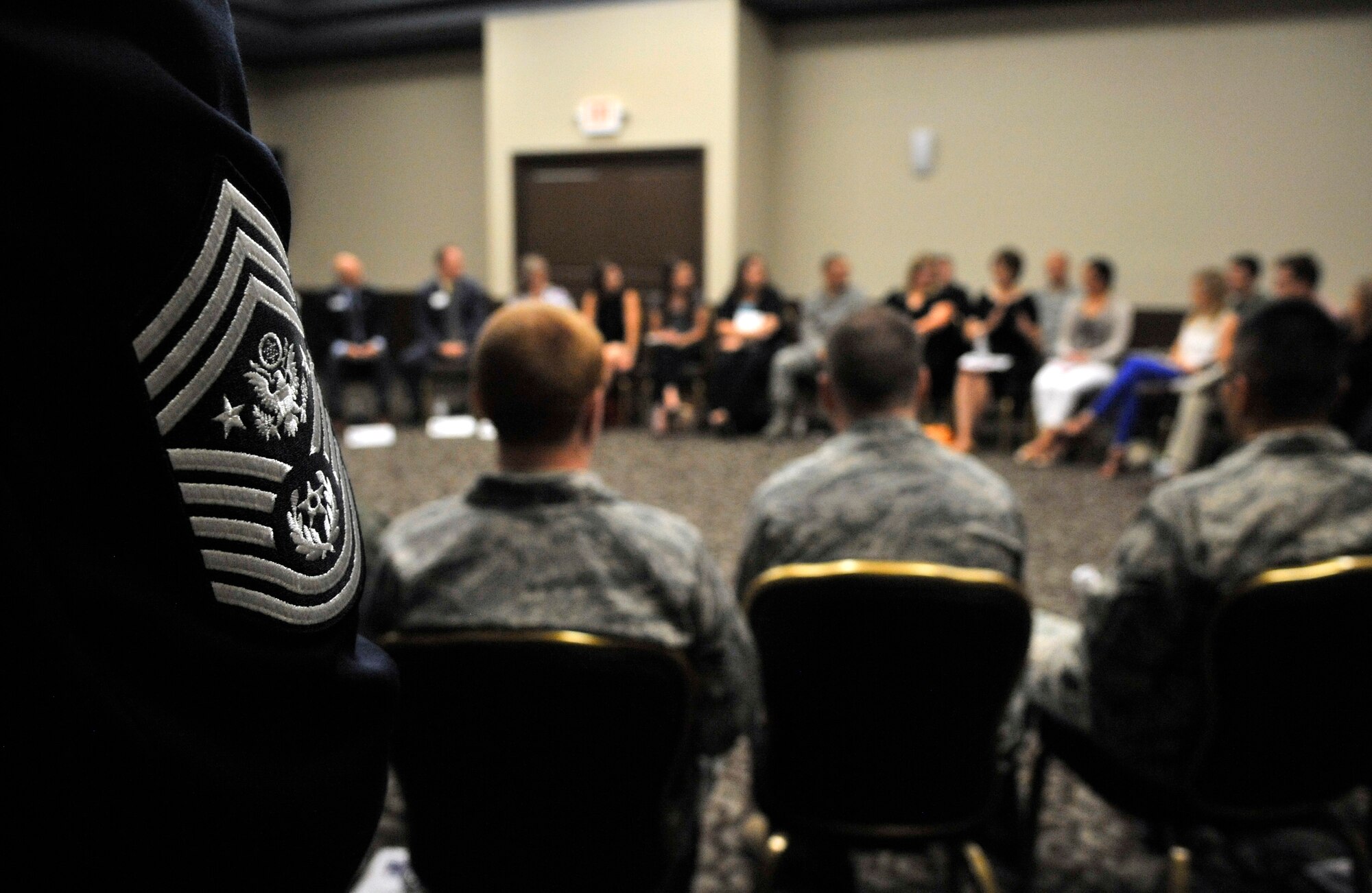 Chief Master Sgt. of the Air Force James Cody traveled to Fairchild Air Force Base, Washington, for a Congressional Military Family Caucus, Aug. 14, 2014. After an opening discussion about various topics, breakout sessions were held to more specifically talk about education benefits, healthcare issues and transitioning from military life. (U.S. Air Force photo by Senior Airman Mary O'Dell/Released)