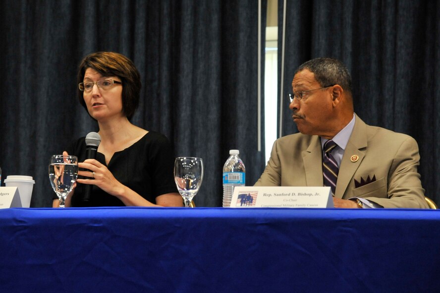 Washington Rep. Cathy McMorris-Rodgers and Georgia Rep. Sanford Bishop speak to audience members during the opening discussion of the Fairchild Military Family Summit at Fairchild Air Force Base, Washington, Aug. 14, 2014. McMorris-Rodgers and Bishop co-founded the Congressional Military Family Caucus in 2009, giving military families the opportunity to discuss various issues with congressional representatives. (U.S. Air Force photo/Senior Airman Mary O'Dell)