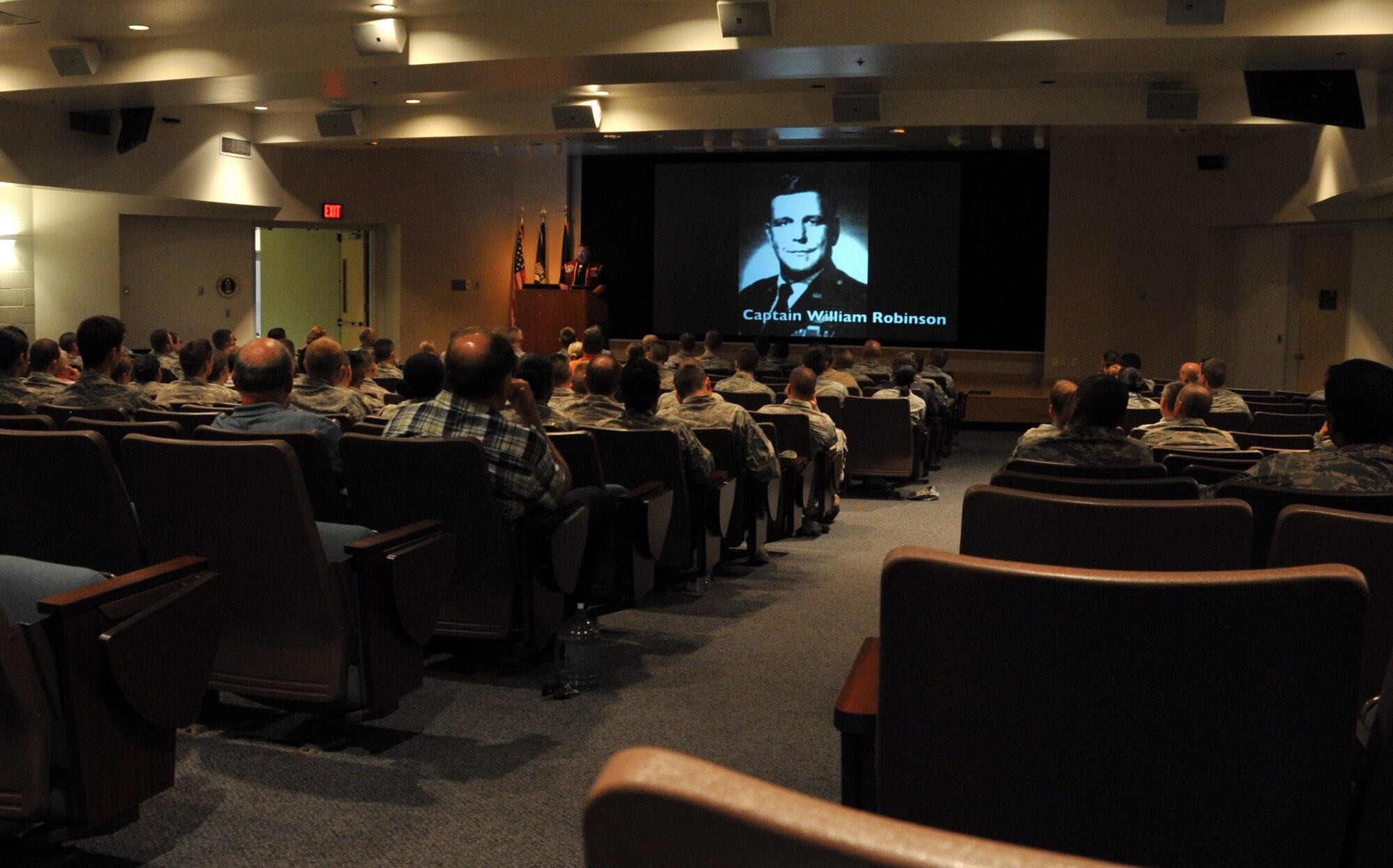 Capt. Bill Robinson was held as an enlisted prisoner at the Hanoi Hilton and spoke at the Non Commissioned Officer Academy on Sheppard Air Force Base, Texas, Aug. 12, 2014. Robinson received his initial training at Sheppard following basic training before being sent TDY to Thailand in the spring of 1965. (U.S. Air Force photo/Airman 1st Class Robert L. McIlrath)