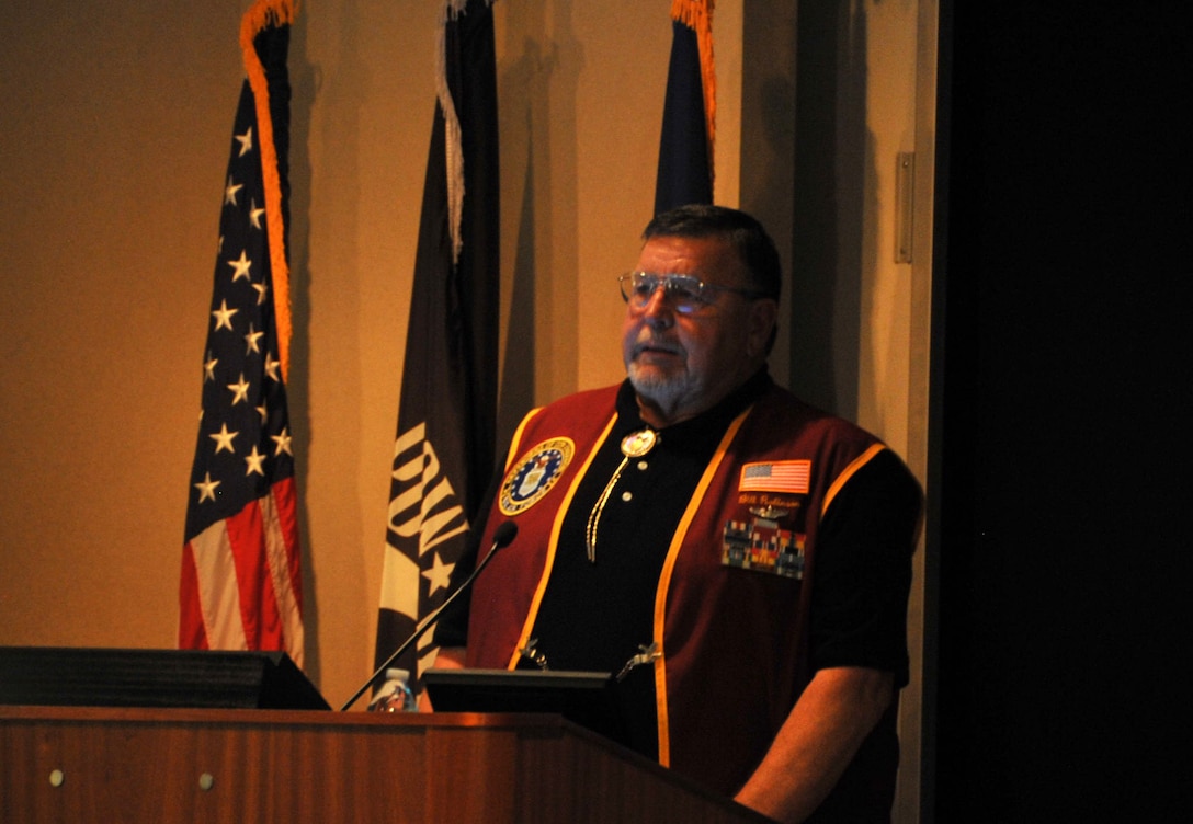 Capt. Bill Robinson was held as an enlisted prisoner at the Hanoi Hilton and spoke at the Non Commissioned Officer Academy on Sheppard Air Force Base, Texas, Aug. 12, 2014. Robinson received his initial training at Sheppard following basic training before being sent TDY to Thailand in the spring of 1965. (U.S. Air Force photo/Airman 1st Class Robert L. McIlrath)