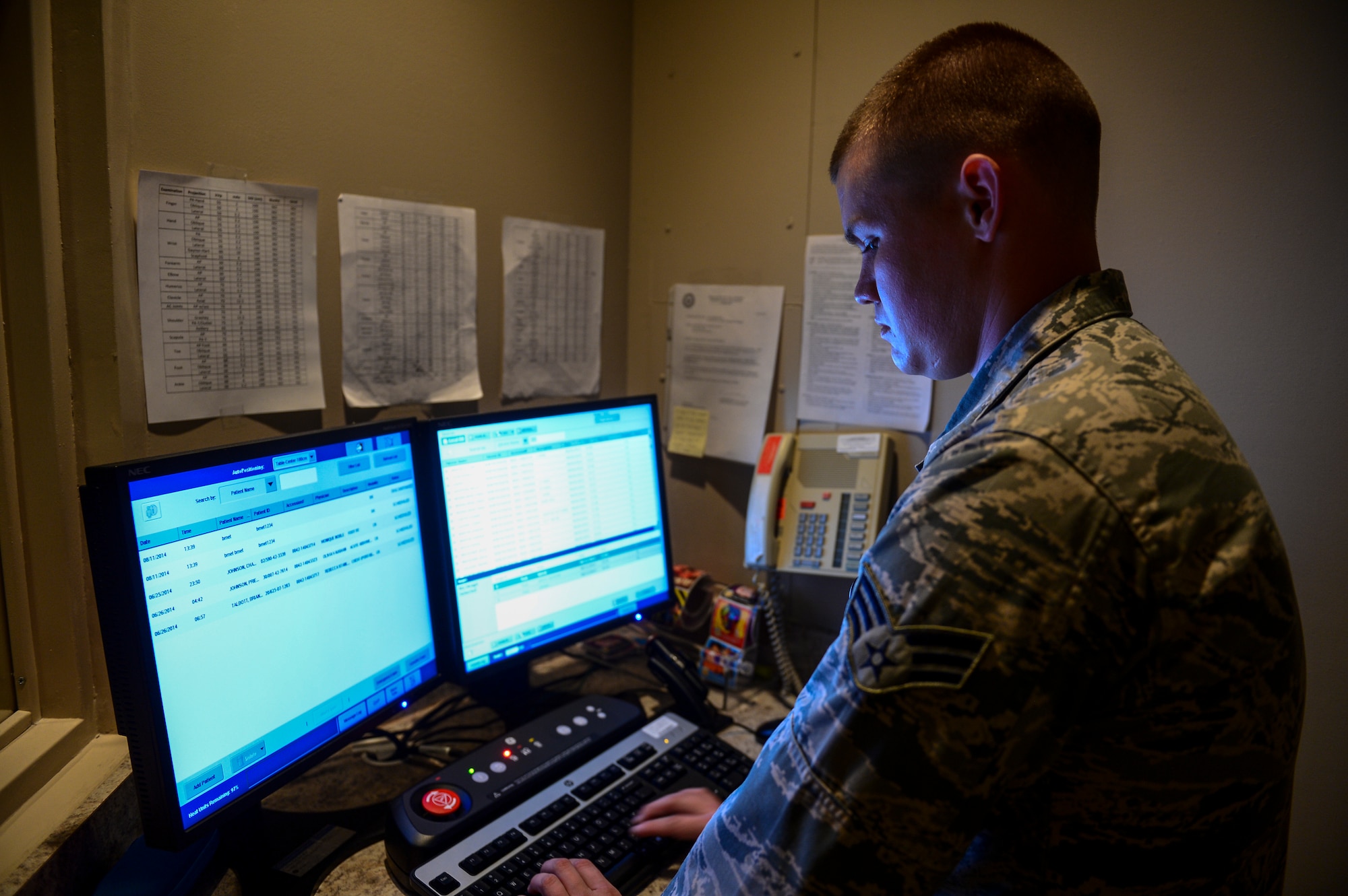 Senior Airman James Bess, 1st Special Operations Medical Support Squadron Biomedical Equipment Technician, tests an X-ray machine at Hurlburt Field, Fla., Aug. 11, 2014. BMETs maintain 1st Special Operations Medical Group equipment in order to maximize operations. (U.S. Air Force photo/ Airman 1st Class Jeff Parkinson)