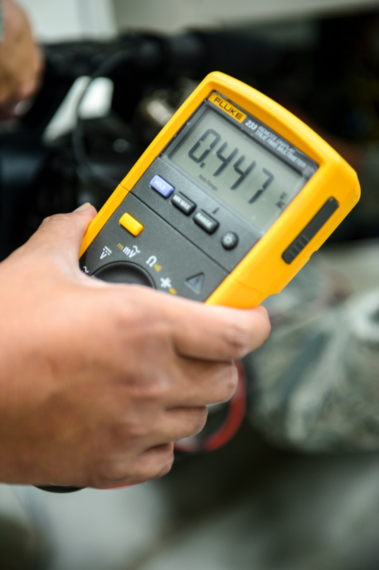 A remote display multi-meter measures voltage and amperage of an X-ray machine at Hurlburt Field, Fla., Aug. 11, 2014. Routine maintenance on equipment used by the 1st Special Operations Medical Group keeps the machines in working condition to maximize operations. (U.S. Air Force photo/ Airman 1st Class Jeff Parkinson)