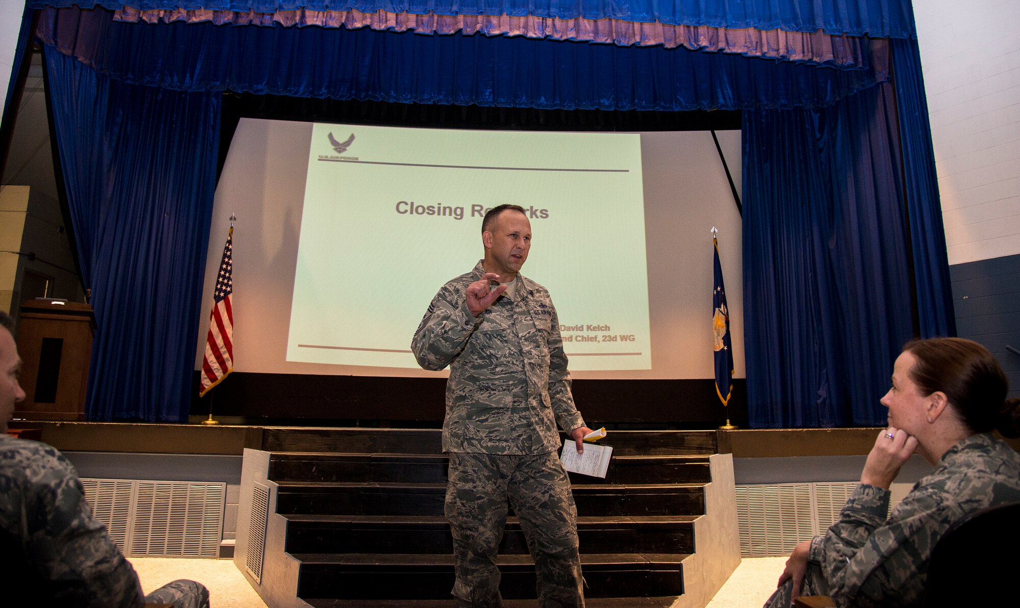 U.S. Air Force Chief Master Sgt. David Kelch, 23d Wing command  chief, offers closing remarks at the annual Behavioral Health Conference at Moody Air Force Base, Ga., Aug. 14, 2014. During the conference, base leaders learned about various programs to deal with behavioral health issues in their Airmen. (U.S. Air Force photo by Airman 1st Class Sandra Marrero/ Released)
