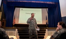 U.S. Air Force Chief Master Sgt. David Kelch, 23d Wing command  chief, offers closing remarks at the annual Behavioral Health Conference at Moody Air Force Base, Ga., Aug. 14, 2014. During the conference, base leaders learned about various programs to deal with behavioral health issues in their Airmen. (U.S. Air Force photo by Airman 1st Class Sandra Marrero/ Released)
