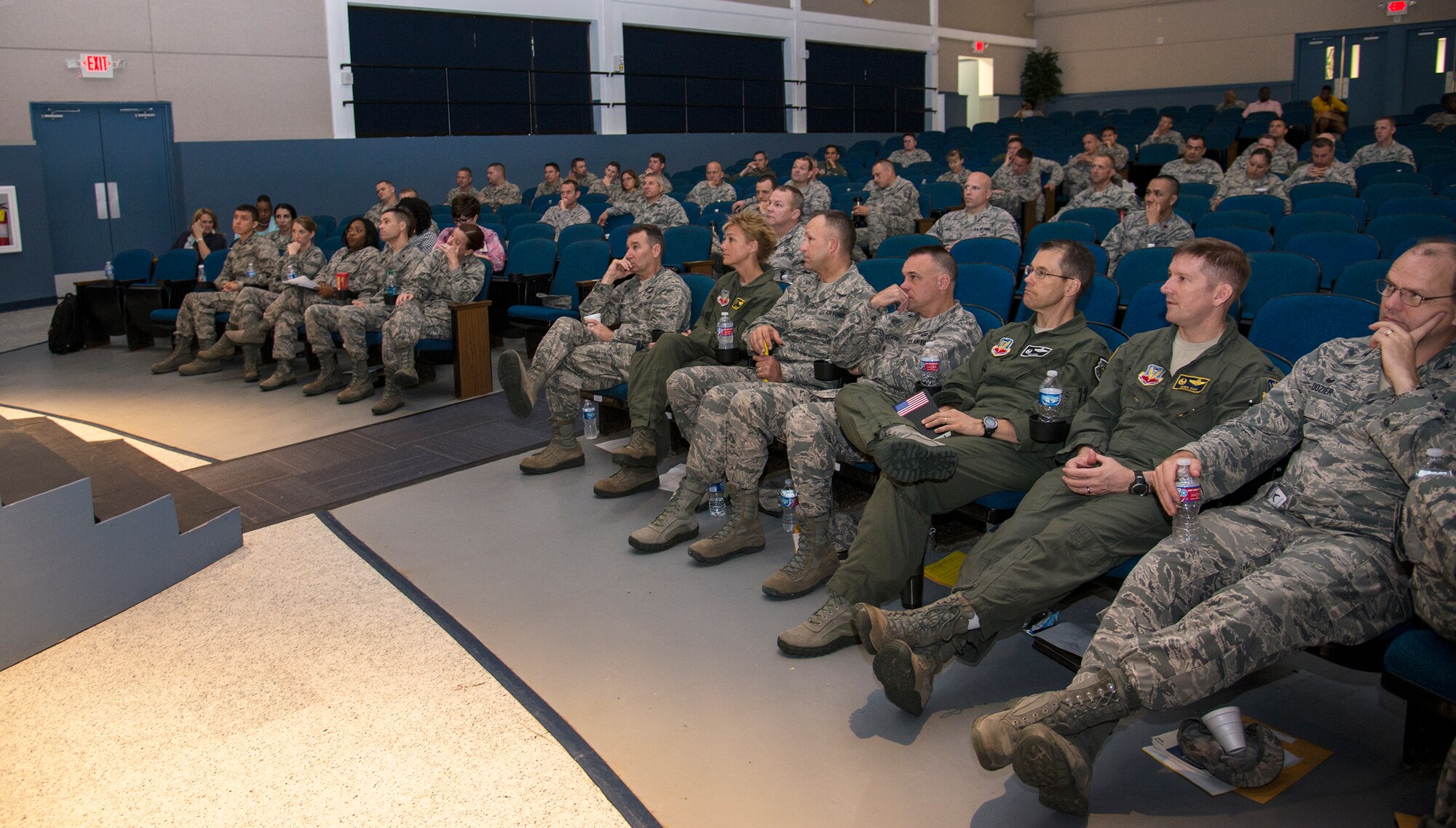 Base leaders listen to a speaker at the annual Behavioral Health Conference at Moody Air Force Base, Ga., Aug. 14, 2014. The conference is a yearly training requirement for leadership here. (U.S. Air Force photo by Airman 1st Class Sandra Marrero/ Released)
