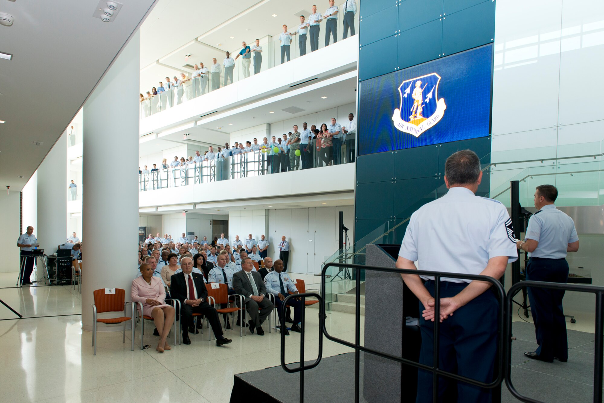 Brig. Gen. Michael R. Taheri, commander of the Air National Guard Readiness Center addresses the crowd during the 2nd Quarter Awards Ceremony and Commander’s Call August 14, 2014. The ANGRC quarterly awards ceremony recognizes contributions in leadership, job performance, significant self-improvement, and base or community involvement. (Air National Guard photo by Master Sgt. Marvin R. Preston/Released)