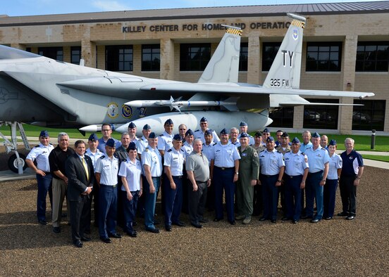 TYNDALL AIR FORCE BASE, Fla. – Representatives from Canada, Mexico and the United States gather in front of the Killey Center for Homeland Operations August 13. The group was here to participate in the Amalgam Eagle planning conference. (U.S. Air Force photo by Master Sgt. Kurt Skoglund/Released)