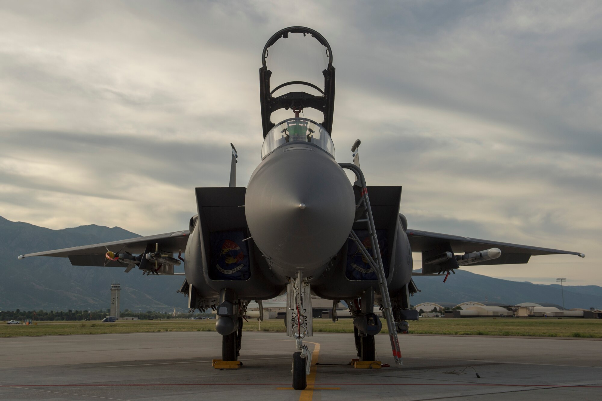 An F-15E Strike Eagle assigned to the 494th Fighter Squadron, Royal Air Force Lakenheath, England, prepares for takeoff during an air-to-ground Weapons System Evaluation Program (WSEP) at Hill AFB, Utah, Aug. 13, 2014. WSEP is an annual training exercise where the effectiveness, maintainability, suitability and accuracy of guided munitions is evaluated. The 494th FS, as well as the 510th FS from Aviano Air Base, Italy, joined the 388th Fighter Wing of Hill AFB, Utah. (U.S. Air Force photo by Airman 1st Class Taylor Queen/Released)