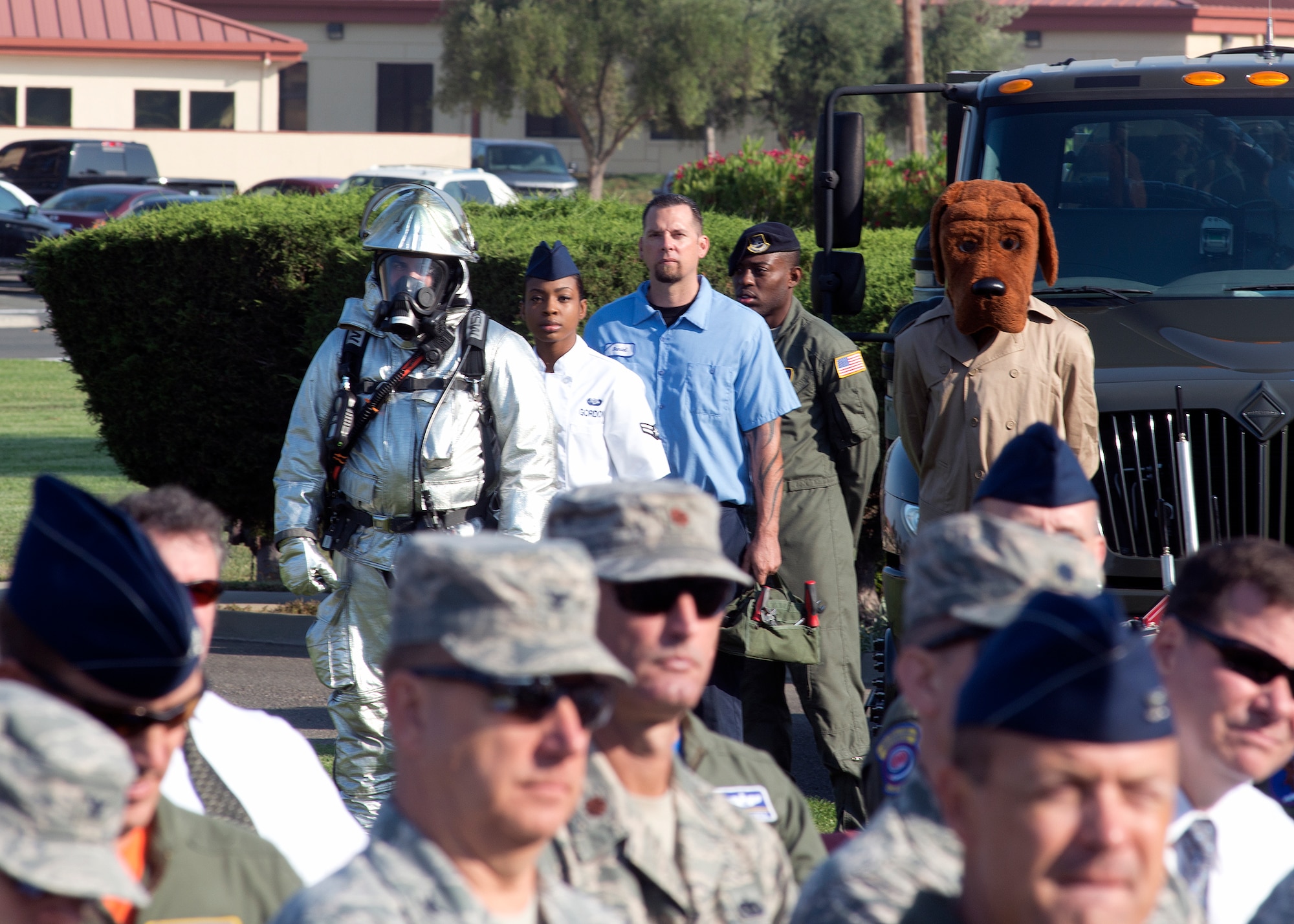 A parade of Airmen, civilians and squadron mascots representing the wide range of career fields in the 60th MSG attended the ceremony Aug. 8 at Travis Air Force Base. (U.S. Air Force photo/T.C. Perkins Jr.)