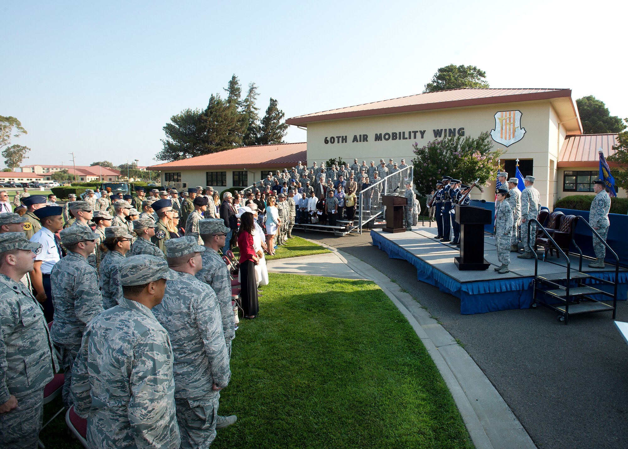 Airmen, civilians, contractors and more gather at the 60th Air Mobility Wing headquarters Aug. 8 for the Mission Support Group change of command ceremony. (U.S. Air Force photo/T.C. Perkins Jr.)