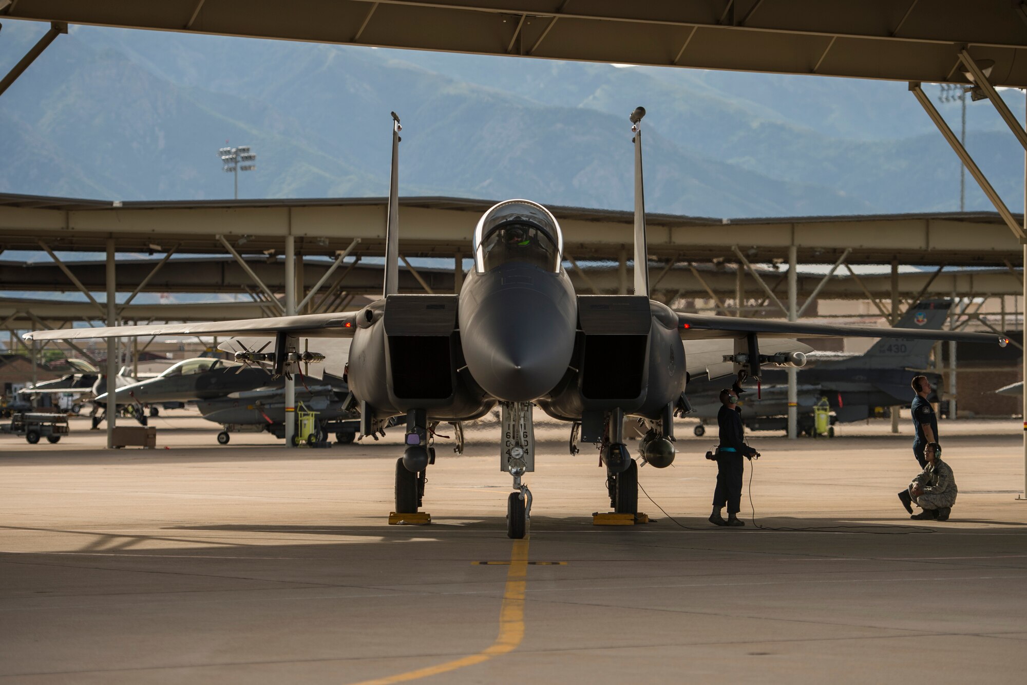 An F-15E Strike Eagle assigned to the 494th Fighter Squadron, Royal Air Force Lakenheath, England, prepares for take-off during an air-to-ground Weapons System Evaluation Program (WSEP) at Hill AFB, Utah, August 13, 2014. WSEP is an annual training exercise where the effectiveness, maintainability, suitability and accuracy of guided munitions is evaluated. The 494th FS, as well as the 510th FS from Aviano Air Base, Italy joined the 388th Fighter Wing of Hill AFB, Utah.(U.S. Air Force photo by Airman 1st Class Taylor Queen/Released)