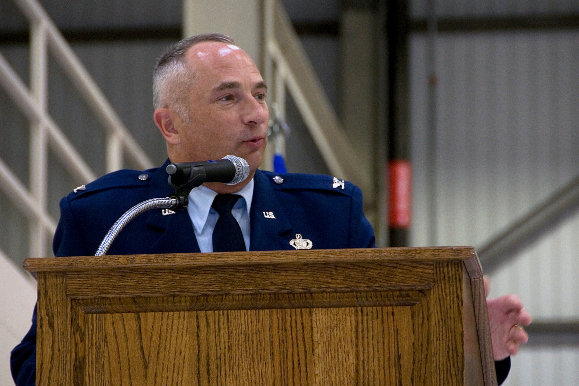 Col. Scott Russell, 434th Mission Support Group commander, speaks to guests during a change of command ceremony at Grissom Air Reserve Base, Ind., Aug. 9, 2014. The 434th MSG encompasses six squadrons and one flight including over 800 personnel with a mission to provide vital support to the 434th Air Refueling Wing. (U.S. Air Force photo/Senior Airman Jamie Lancette)