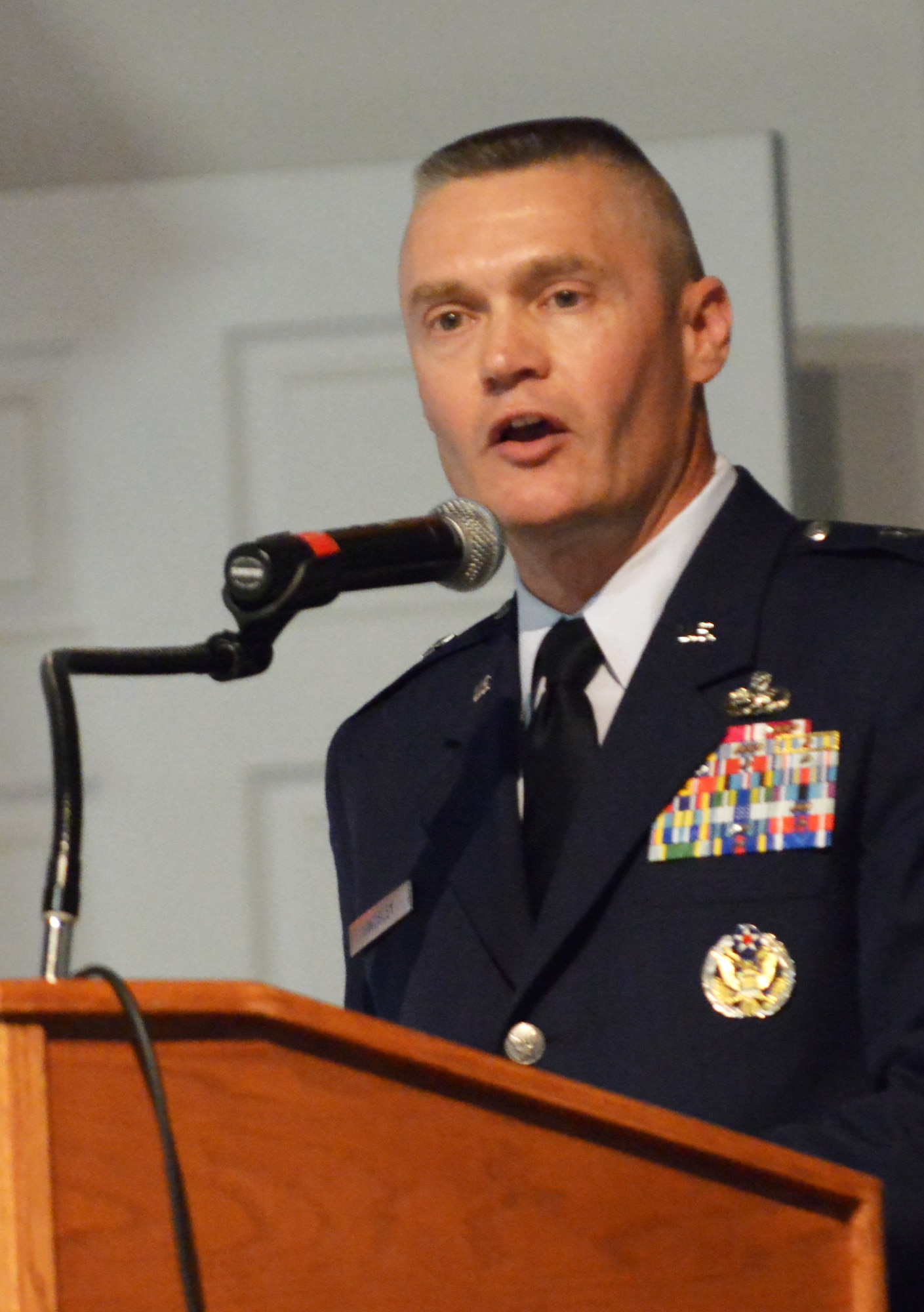 Brig. Gen. Walter Lindsley, Warner Robins Air Logistics Complex commander, speaks
during the complex’s change of command ceremony August 11, 2014. (U.S. Air Force photo by Ray Crayton)
