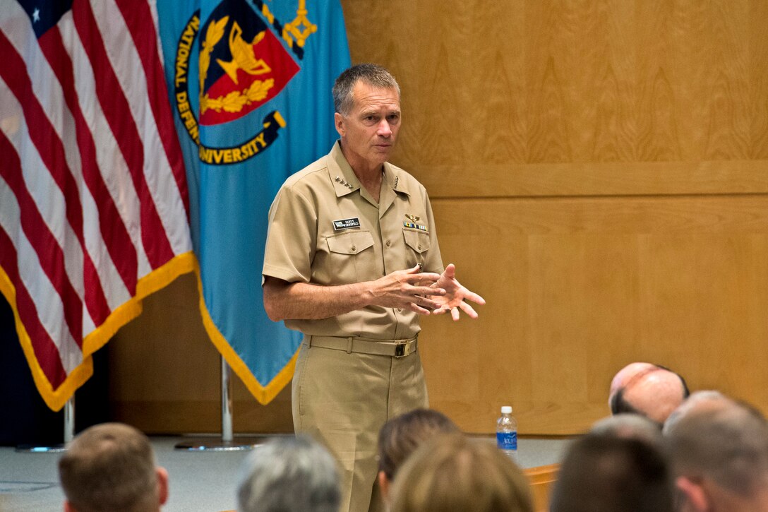 Navy Adm. James A. Winnefeld Jr., vice chairman of the Joint Chiefs of Staff, speaks to students and spouses attending a Capstone course at the National Defense University on Fort McNair in Washington, D.C., Aug. 15, 2014. The objective of the six-week course for senior defense leaders is to improve their effectiveness in planning and employing U.S. forces in joint and combined operations. The course is mandatory for senior officers in the U.S. military.
