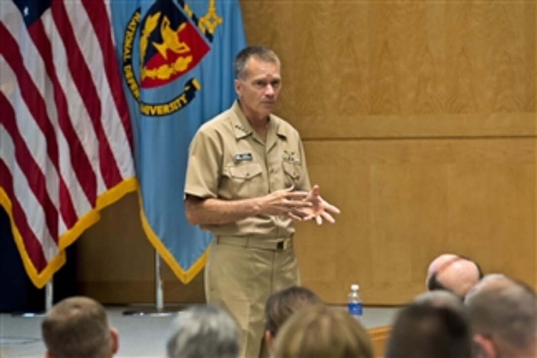 Navy Adm. James A. Winnefeld Jr., vice chairman of the Joint Chiefs of Staff, speaks to students and spouses attending a Capstone course at the National Defense University on Fort McNair in Washington, D.C., Aug. 15, 2014. The objective of the six-week course for senior defense leaders is to improve their effectiveness in planning and employing U.S. forces in joint and combined operations. The course is mandatory for senior officers in the U.S. military.