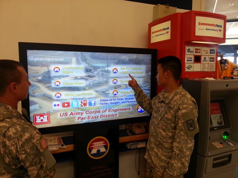 Patrons of the food court on U.S Army Garrison Humphreys will be greeted by a new visitor when they walk through the entryway of the facility. A 55 inch touch-screen television monitor is now on display with the latest information on construction progress at Humphreys.