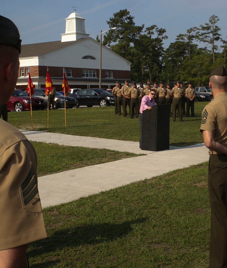 Medal of Honor recipient Cpl Kyle Carpenter speaks to Marines with 2nd Battalion, 9th Marine Regiment, 2nd Marine Division, at the 2/9 headquarters building aboard Camp Lejeune, North Carolina, June 27. When Carpenter was wounded in action while deployed to Marjah, Afghanistan, he was assigned to Fox Company, 2/9  as an automatic rifleman. (U.S. Marine Corps photo by Cpl. Austin Long)