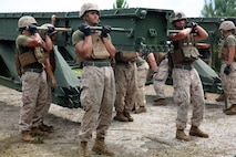 Marines with 8th Engineer Support Battalion, 2nd Marine Logistics Group work with personnel from 9th Engineer Support Battalion, 3rd Marine Logistics Group to lift and disconnect a panel of the medium girder bridge during bridge assembly training at Camp Lejeune, N.C. Aug. 5, 2014. Together they built a 22-bay, double-story bridge with link reinforcement. (U.S. Marine Corps photo by Lance Cpl. Kaitlyn Klein/released)


