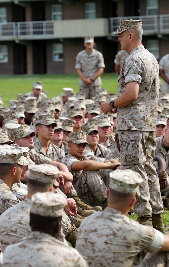 Col. Robert Fulford, commanding officer of the 26th Marine Expeditionary Force, speaks to Marines and Sailors from 2nd Battalion, 2nd Marine Regiment, 2nd Marine Division about the upcoming Black Sea Rotational Force deployment July 10, 2014 at Camp Lejuene, N.C. Fulford pushed goals of the deployment to the Marines, including accomplishing the mission, thriving in the face of uncertainty, and maintaining a good image while on deployment liberty. (U.S. Marine Corps photo by Lance Cpl. Ryan Young/released)