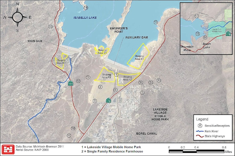 An August 2014 map shows the location of real estate properties that will be impacted by construction of the U.S. Army Corps of Engineers Sacramento District Isabella Lake Dam Safety Modification Project. The Corps is acquiring land and relocating residents at the Lakeside Village mobile home park (1) and a farmhouse (2) after the Corps’ environmental analysis showed that residents could potentially be exposed to significant levels of construction noise, dust and diesel exhaust that exceed health standards from nearby staging areas (shown in yellow).