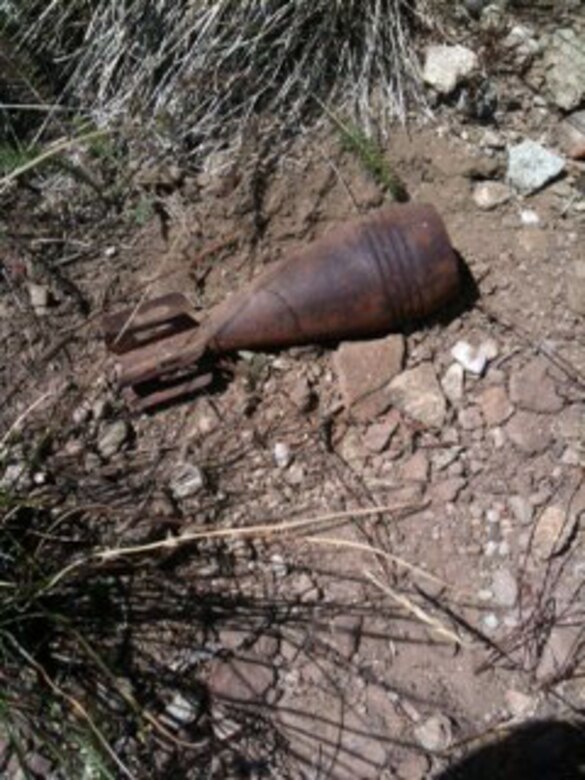 A 60 mm mortar like the one fired during practice rounds while on maneuvers at Resolution Mountain in Eagle County, Colo. As munitions items are found, they are either dealt with by USACE or through the Sheriffs Department and Fort Carson Explosive Ordnance Disposal.

