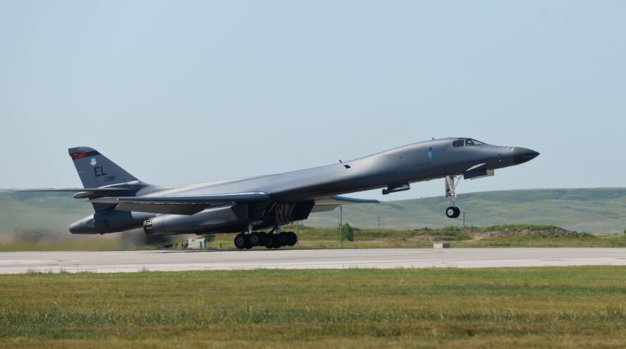 A B-1 bomber takes off from the runway during Ellsworth’s Black Hills Community Appreciation Day at Ellsworth Air Force Base, S.D, Aug. 16, 2014. The event highlighted the base’s mission while increasing the community’s overall understanding of the Air Force lifestyle. (U.S. Air Force photo by Senior Airman Zachary Hada/Released)