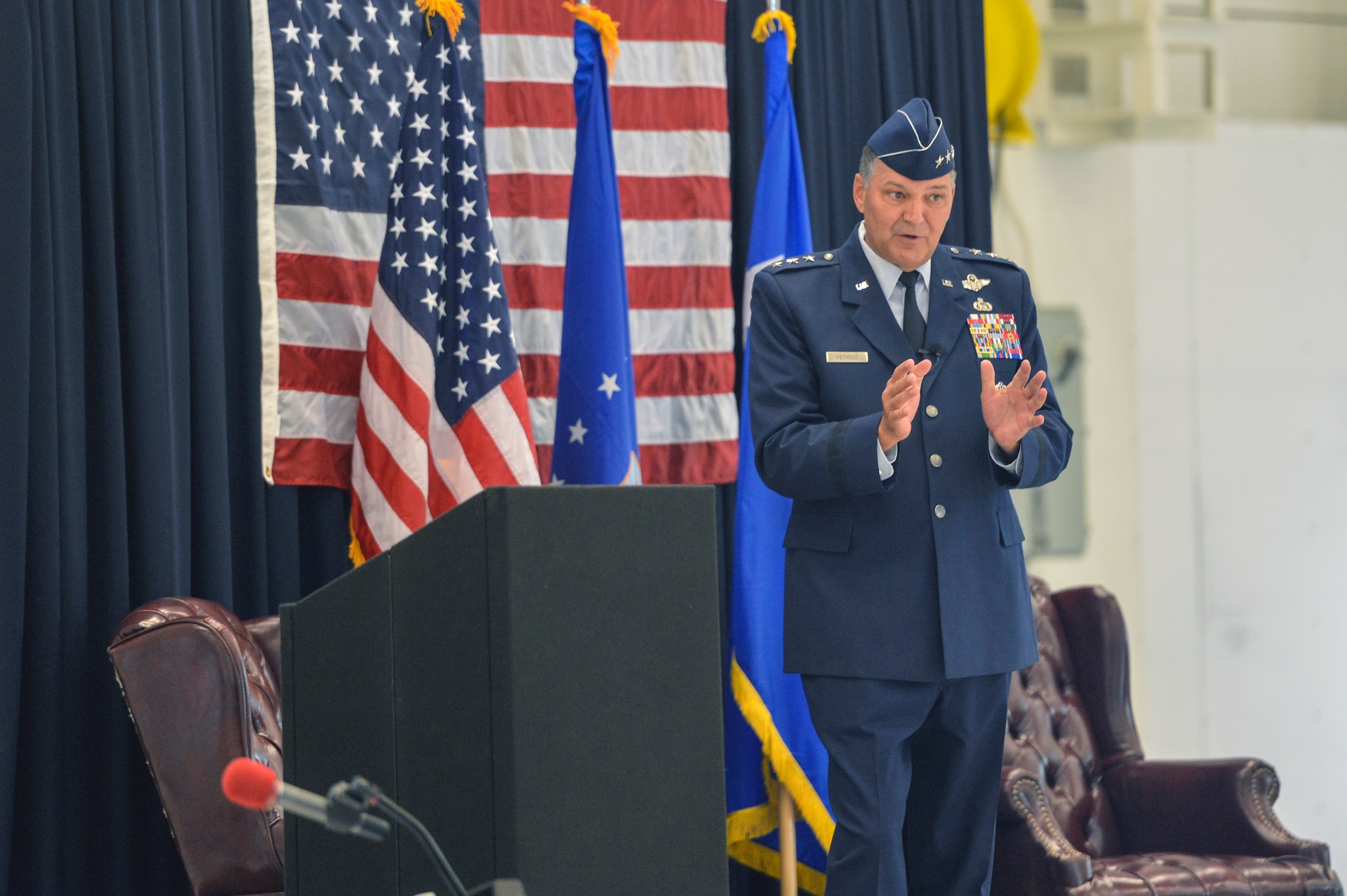 Lt. Gen. Bradley Heithold, Air Force Special Operations Command commander delivers his opening remarks Aug. 18, 2014, to audience members attending the 22nd STS awards ceremony at Joint Base Lewis-McChord, Wash. AFSOC provides Air Force special operations forces for worldwide deployment and assignment to unified combatant commanders. (U.S. Air Force photo/Staff Sgt. Russ Jackson)
