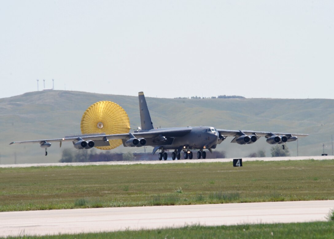 A B-52 Stratofortress lands on the runway during Ellsworth’s Black Hills Community Appreciation Day event at Ellsworth Air Force Base, S.D., Aug. 16, 2014. Along with seeing a B-52 landing, guests were also treated to a B-52 takeoff, flyby and several other static displays. (U.S. Air Force photo by Senior Airman Anania Tekurio/Released)