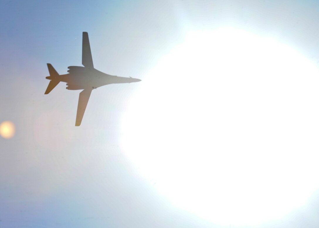 A B-1 bomber conducts a flyby during Ellsworth’s Black Hills Community Appreciation Day at Ellsworth Air Force Base, S.D., Aug. 16, 2014. Airmen, their families and local community members were welcomed onto Ellsworth, having the opportunity to learn about the base’s mission and take a peek at the Air Force lifestyle. (U.S. Air Force photo by Senior Airman Anania Tekurio/Released)  