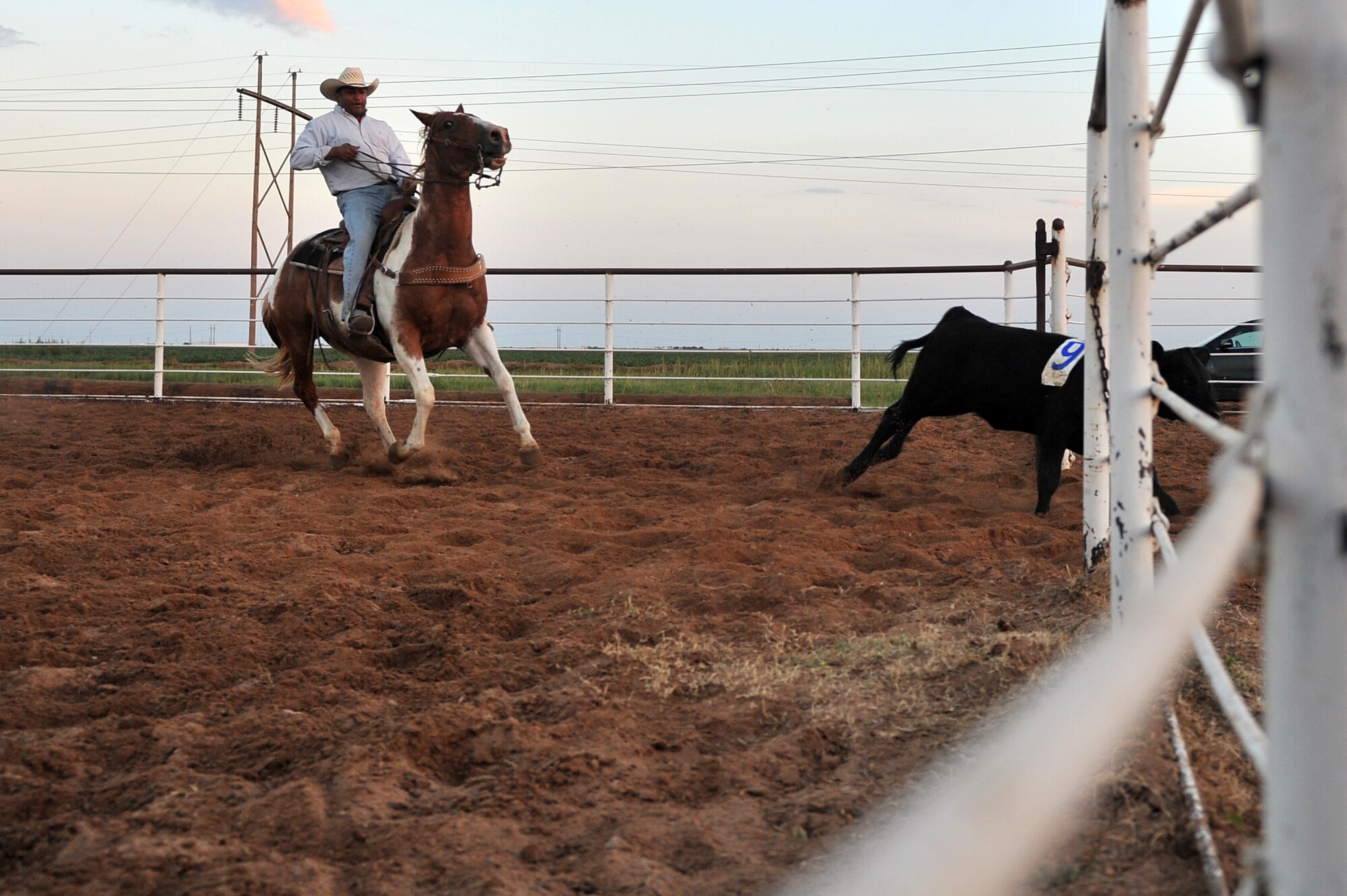 ALTUS, Okla. – U.S. Air Force Col. Sushil Ramrakha, 97th Air Mobility Wing vice commander, herds a cow into a corral during the annual Commander’s Cattle Sorting Competition at Bull Watkins’ Farm in Altus, Okla., Aug. 17, 2014. Altus Air Force Base leaders participated in the competition to prepare for 36th Annual Great Plains Stampede Rodeo. (U.S. Air Force photo by Senior Airman Dillon Davis/Released)