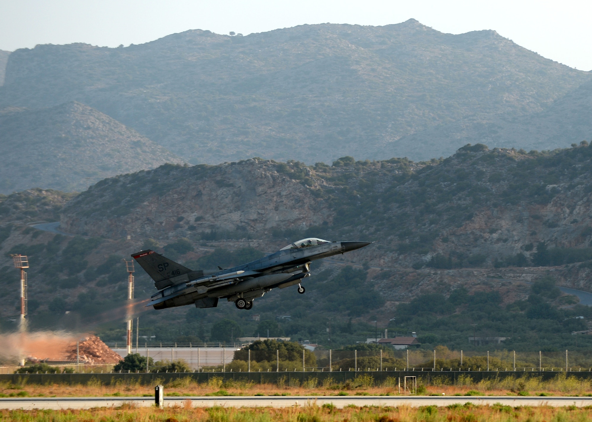 A U.S. Air Force F-16 Fighting Falcon fighter aircraft pilot launches his jet Aug. 18, 2014, at Souda Bay, Greece, during a training event between Greece and the U.S. The training included 22 aircraft launches a day. (U.S. Air Force photo by Staff Sgt. Daryl Knee/Released)