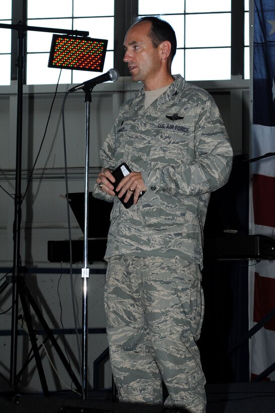 Col. Kevin Kennedy, 28th Bomb Wing commander, provides opening remarks during the Black Hills Community Appreciation Day at Ellsworth Air Force Base, S.D., Aug. 16, 2014. During the event, community members experienced a B-1 bomber and B-52 Stratofortress flyby, a B-1 high-speed pass, various aircraft and vehicle static displays, and a performance by local band, Dogs Without Sweaters. (U.S. Air Force photo by Senior Airman Hailey R. Staker)