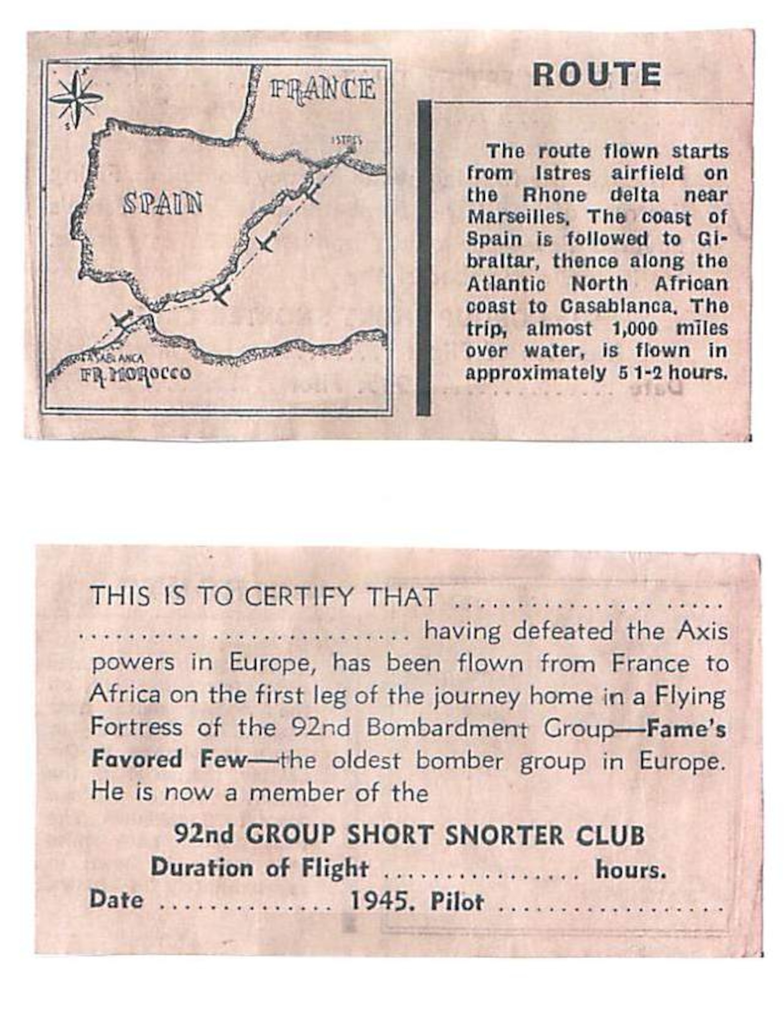 After each flight, the B-17 Flying Fortress crews issued the 92nd Bombardment Group's version of the “Short Snorter” to each of the servicemen they transported to Africa. A short Snorter has been described as “a piece of paper money circulated during war and in a combat zone and signed by friends and comrades. The writing commemorated events, dates, exploits, assignments, locations, people and related information.” During World War II, Short Snorters were signed by flight crews and conveyed good luck to soldiers crossing the Atlantic Ocean. On the 92nd BG's version, the group paid its respects to the passengers and reminded them that it was the “oldest bomber group in the ETO” that was helping them home. (U.S. Air Force photo)