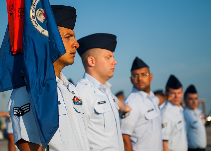 Airmen perform dress-right-dress to form up for an open ranks inspection Aug. 14 at Eglin Air Force Base, Fla.   Each week, Airman Leadership School instructors look for anything out of place during the open ranks inspection process to include loose strings, improper wear of uniform items and overall appearance of the Airmen’s uniform. (Air Force photo/Tech. Sgt. Jasmin Taylor)