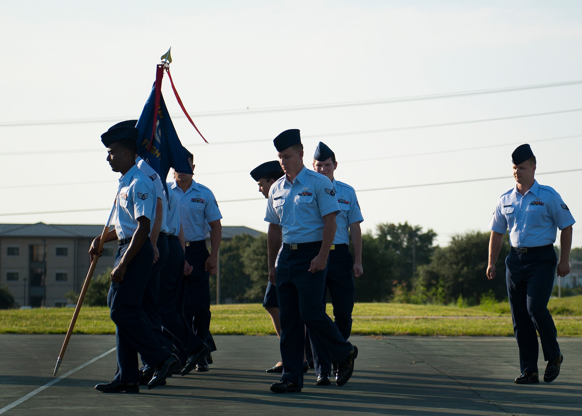 Airmen practice drill movements at the Eglin Professional Development Center Aug. 14. The current class graduates Aug. 26 from Airman Leadership School as part of their month-long path to becoming a non-commissioned officer. Roughly every two to three weeks ALS begins a new class, averaging seven classes a year. (U.S. Air Force photo/ Tech. Sgt. Jasmin Taylor)