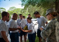 Airmen work as a team to answer a question during a joint warfare exercise at Eglin’s Post’l Point Aug. 12.  The exercise is designed to develop joint warfighter knowledge while challenging the Airmen physically and applying teamwork as a flight.  It is part of the curriculum of Eglin’s Airman Leadership School.  (U.S. Air Force photo/ Tech. Sgt. Jasmin Taylor)