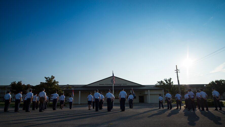 Florida sun breaks on the faces of Airman Leadership School students as instructors complete their open ranks inspection Aug. 14 at Eglin Air Force Base, Fla. ALS instruction covers roles and responsibilities of non-commissioned officers, dress and appearance, drill and community service.  The current class graduates Aug. 26.  (Air Force photo/Tech. Sgt. Jasmin Taylor)