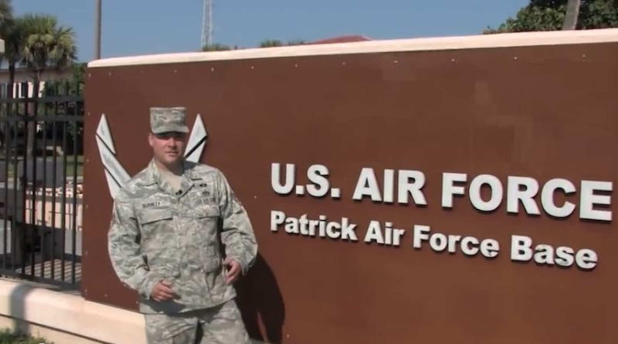 Staff Sgt. Aaron Burnley, 45th Civil Engineer Squadron, talks about the mission, fitness, recreation, and education at Patrick Air Force Base, Florida, during the filming for the 2014 American Airman Video Contest July 31, 2014. The video was selected as a finalist to represent both Team Patrick-Cape, and Air Force Space Command. The public can vote by clicking “like” for their favorite video on the Air Force’s YouTube channel at http://www.youtube.com/user/AFBlueTube by Aug. 22 at 3 p.m. CDT will win. (U.S. Air Force/Multimedia)