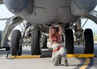 Airman 1st Class Eriberto Gonzalez Gomez, 5th Aircraft Maintenance Squadron crew chief, Minot Air Force Base, N.D., secures flaps underneath a B-52 Stratofortress during launch procedures as part of a standoff weapons integration training exercise on the flightline at Ellsworth AFB, S.D., Aug. 14, 2014. As a crew chief, Gonzalez Gomez is responsible for maintaining and supervising the more than 40 year old aircraft that can carry up to 70,000 pounds of munitions and is capable of flying at high subsonic speeds at altitudes up to 50,000 feet. (U.S. Air Force photo by Senior Airman Anania Tekurio/Released)) 