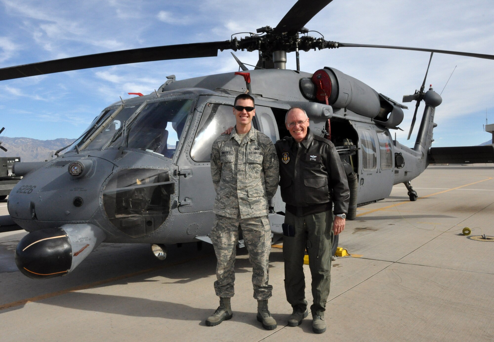 Col. Rich Dinsdale and his son, Senior Airman Scott Dinsdale, both serve with the 943rd Rescue Group. The senior Dinsdale is a doctor with the 943rd Aerospace Medicine Squadron, and the younger works as a “rigger” in life-support. (U.S. Air Force Photo/ Staff Sgt. Sarah Pullen)