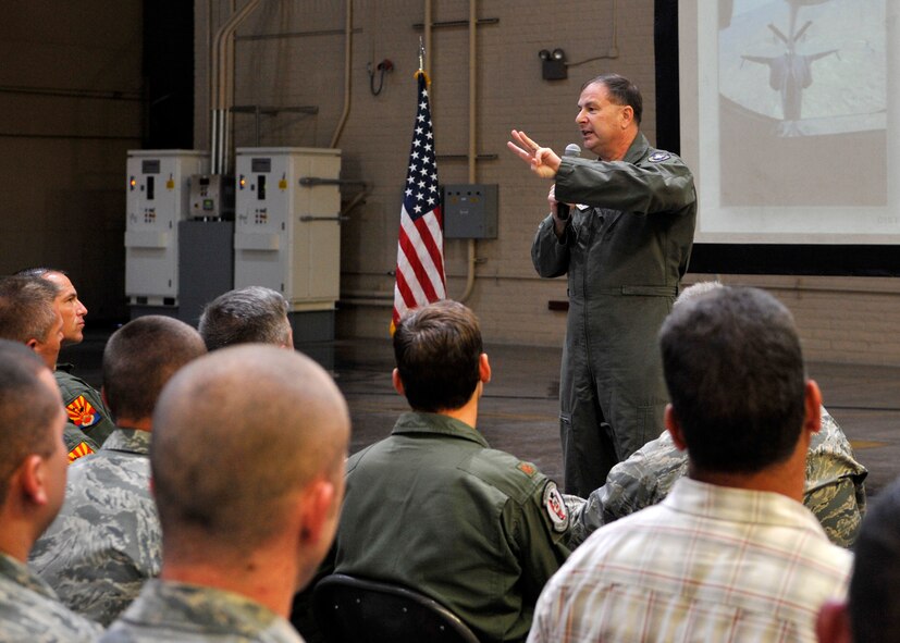 Lt. Gen Christopher Bogdan, F-35 Lightning II program executive officer held an all-call Aug. 5 on Luke Air Force Base. The general spoke to Thunderbolts about the F-35 program and priorities. (U.S. Air Force photo/Senior Airman Marcy Copeland)