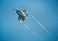 An F-35A Lightning II banks right while flying over the Duke Field runway Aug. 6.  The joint strike fighter landed at Duke for the first time moments later to participate in a joint base exercise.  (U.S. Air Force photo/Tech. Sgt. Sam King)